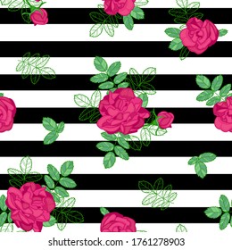 Vector repeat pattern with beautiful red roses, buds and leaves of rose on a geometric  background.  Beautiful seamless background with black stripes. Elegant colorful illustration. 