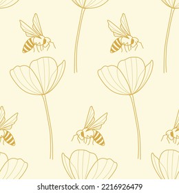 Vector repeat pattern with bees, floral line art background