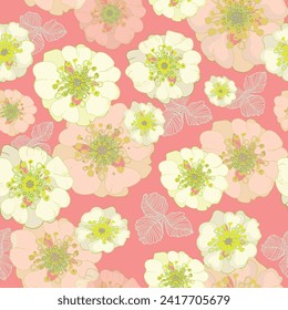 Vector repeat pattern of blooming strawberries on a coral background for home textiles or children's clothing. Designet by Regina Marti.