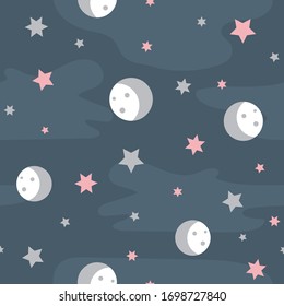 Vector repeat pattern for children with little stars and moons.  Dark blue background.