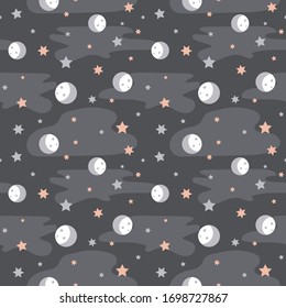 Vector repeat pattern for children with little stars and moons.  Dark grey background.