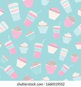 Vector repeat pattern with colorful cupcakes and cups on turquoise background with retro feeling. Party topic, pastel colors.