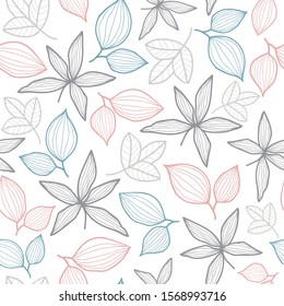 Vector repeat pattern with colorful leaves on white background.