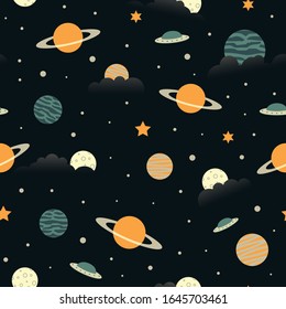 Vector repeat pattern with colorful planets and stars.