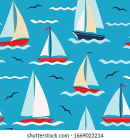 Vector repeat pattern with colorful sailboats on the sea. Summer vacation all year round. Bigger version.