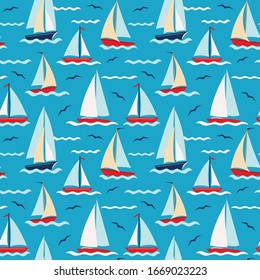 Vector repeat pattern with colorful sailboats on the sea. Summer vacation all year round. Small version.