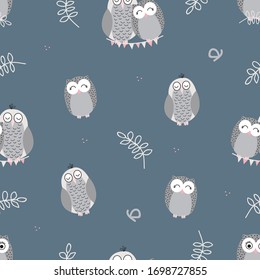 Vector repeat pattern with cute owls on dark blue background. Hand-drawn style, pastel colors.