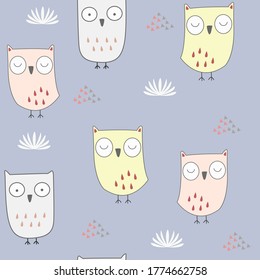 Vector repeat pattern with cute owls. Hand-drawn style, pastel colors. One of " The Owls" collection patterns.