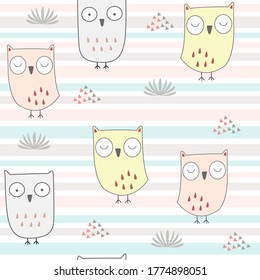 Vector repeat pattern with cute owls. Hand-drawn style, pastel colors. One of " The Owls" collection patterns.