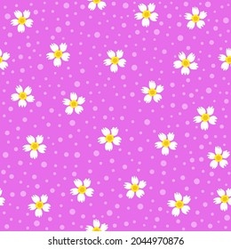 vector repeat pattern of cute small chamomile daisy flowers in the summer spring season with dots and violet pink lilac background for textile, fabric, stationary, home decor, etc. 