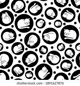 Vector repeat pattern with cute white cats sleeping in black bubbles.