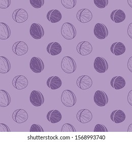 Vector repeat pattern with dark walnuts on light purple background. Monochrome pattern. 