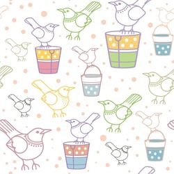 Vector Repeat Pattern Design With Birds And Flowers  Featuring Lively Spring Vibe. Suitable For Fabric, Prints, Bookscrapping, Wallpapers, Kitchen Textile, Bedding.