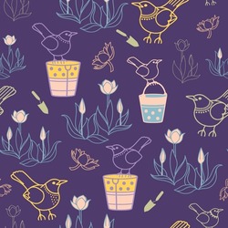 Vector Repeat Pattern Design With Birds And Flowers  Featuring Lively Spring Vibe. Suitable For Fabric, Prints, Bookscrapping, Wallpapers, Kitchen Textile, Bedding.