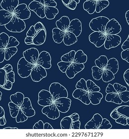 Vector repeat pattern design with line art flowers scattered on a navy blue background.