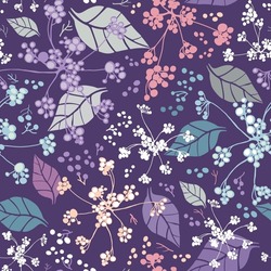 Vector Repeat Pattern Design With Romantic Colorful Flowers And Leaves On Purple Background. Suitable For Fabric, Prints, Textile, Bookscrapping, Kitchen, Bedding, Apparel, Home Decor.