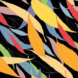 Vector Repeat Pattern Design With Romantic Colorful Leaves On Black Background. Suitable For Fabric, Prints, Textile, Bookscrapping, Kitchen, Bedding, Apparel, Home Decor.