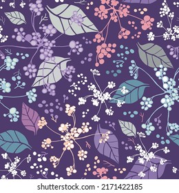 Vector repeat pattern design with romantic colorful flowers and leaves on purple background. Suitable for fabric, prints, textile, bookscrapping, kitchen, bedding, apparel, home decor.