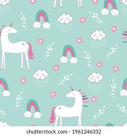 Vector repeat pattern design with white and pink unicorns in a blue sky with clouds, pink flowers and rainbows. Designed by Houhou Design from www.houhou-design.com. Contact me for custom projects