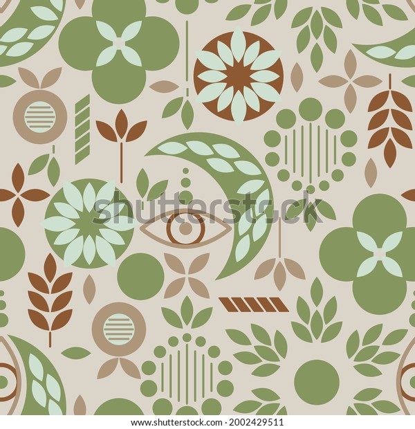 Vector repeat pattern in eco natural color\
palette with scandi flowers and\
celestials
