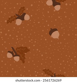 A vector repeat pattern featuring acorns in shades of brown on a textured background, with autumn leaves. Perfect for fall-themed textiles, decor, and seasonal projects.