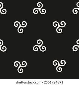 A vector repeat pattern featuring scattered black and white Triskelion motifs in vintage style. Perfect for textiles, wallpapers, and decor, adding a bold, Celtic-inspired, and timeless design.