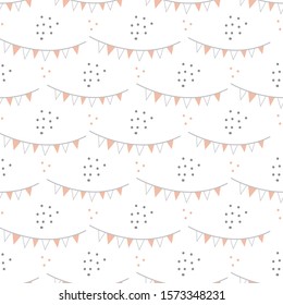 Vector repeat pattern with grey and orange party flags on white background. Pastel colors. One of " The Owls" collection patterns.