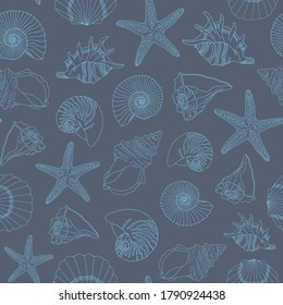 Vector repeat pattern with hand drawn seashells on dark blue background.