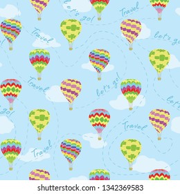 Vector repeat pattern of hot air balloons in sky among clouds with tracking lines and words lets go, travel. Colorful balloons print for wallpaper, travel themed fabric, home decor, scrapbooking.