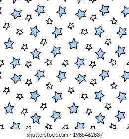Vector repeat pattern with light blue stars on a white background. Night sky. Irregular seamless texture. Nursery or festive design.
