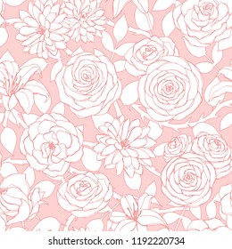 Vector repeat pattern with lily, chrysanthemum, camellia, peony and rose flowers outline on the pink background. Seamless floral ornament of blossoms in sketch style. For fabric, wrapping paper