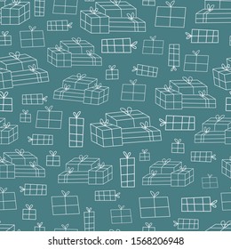 Vector repeat pattern with many gifts on dark green background. One of my Christmas collection patterns.