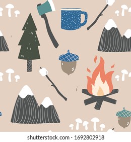 Vector Repeat Pattern for Outdoor Mountain Adventure camping with a tan beige background.