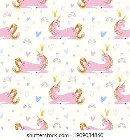 Vector repeat pattern of pink unicorn with crown. The unicorn lay down.