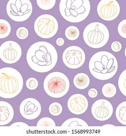 Vector repeat pattern with pumpkins and flowers in white circles. Purple background. One of the "Autumn collection" patterns. 