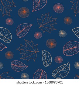 Vector repeat pattern with red and green leaves and abstract apples on dark blue background. Hand-drawn style. One of the "Autumn collection" patterns.