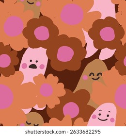 Padrão de repetição de vetor rico queimado marrom e rosa Halloween bonito Boho abóboras e fantasmas padrão coleção
