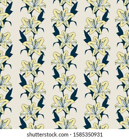 Vector repeat pattern with romantic lilies arranged in vertical lines. Hand-drawn style. One of "Lovely Lilium" collection patterns.