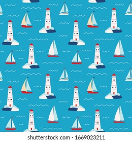 Vector repeat pattern with sailboats and lighthouses. Smaller version.