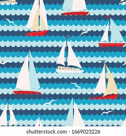Vector repeat pattern with seagulls and colorful sailboats on blue waves. Summer vacation all year round.
