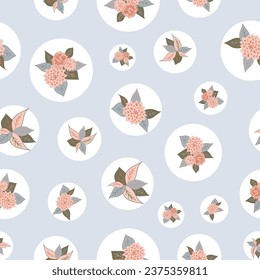 A vector repeat pattern seamless design featuring scattered white dots of mums in colors of salmon and orange.