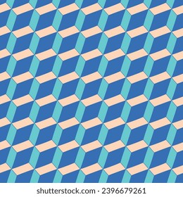 A vector repeat pattern seamless design created with parallelograms of bright royal blue, teal, and beige or pale orange laid geometrically on the surface.