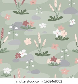 Vector repeat pattern with spring scene. Blooming spring flowers, lilies of valley and rocks on the lawn in the garden. Hand drawn style, pastel colors.