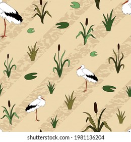 Vector Repeat Pattern with Textured and Striped Beige Background and Hand Drawn Storks and Reeds. Great for Wallpaper, Fabric, Packaging Sketchbook Cover and more.