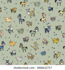 Vector repeat pattern of whimsical farm animals on olive green background. Cute cartoon style colorful pigs, cows, horses and sheep. Hand drawn unusual childish countryside design.