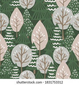 Vector repeat pattern with winter trees in forest.