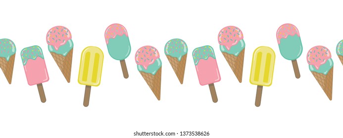 Vector repeat seamless border. Pastel color ice creams. Summer