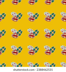 A vector repeat seamless design is created by this repeating cluster of colorful Ukrainian Easter eggs in a geometric linear pattern.