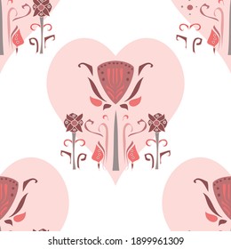 Vector repeat seamless heart pattern with flowers in a regular and symmetrical arrangement in pink, white and maroon