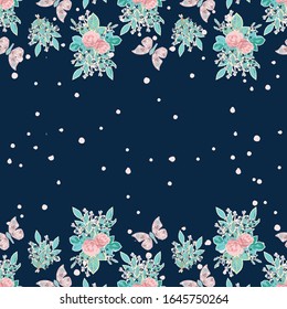 Vector repeat seamless horizontal border with pink and purple flowers and butterflies on dark blue background.  Image for printing on paper, wallpaper, covers, fabrics.
